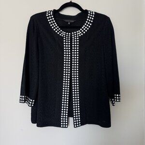 Ming Wang 3/4 Sleeve‎ Black Cardigan White Dots Old Money Quiet Luxury L